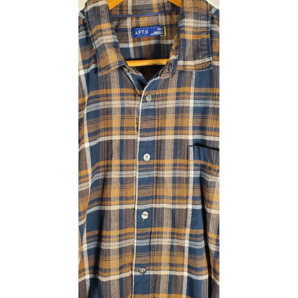 APT 9 Mens 3XL Plaid Flannel Long Sleeve Button Up Shirt‎ Blue Brown Classic Fit